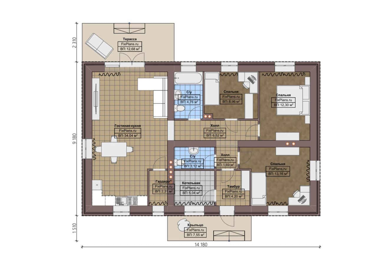 Планировка Одноэтажный дом F-1988